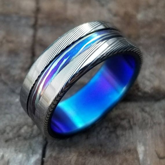 New*8mm Titanium lined  Timascus / Mokuti & Stainless Damascus (damasteel) "wood-grain" damascus steel ring,  damascus ring titanium ring