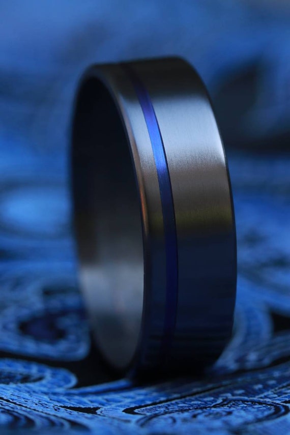 8mm zirconium ring black ring, blue grooved ring