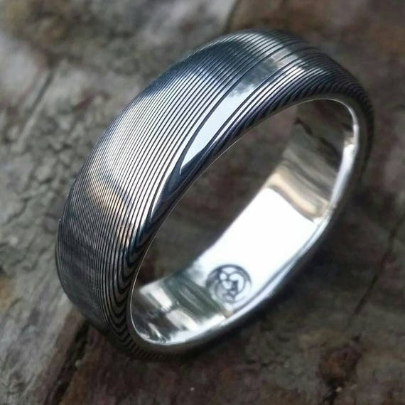 Damascus steel ring Platinum & Stainless Damascus damasteel ring woodgrain pattern  (customizable) mens rings platinum ring wedding ring
