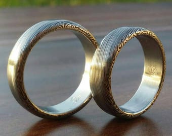 Damascus steel ring Stainless steel Damascus &quot;LEAF&quot; Customizable ring! Light/ medium color etch. Genuine damascus steel ring mens rings