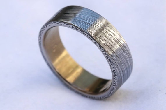 Titanium &  Damascus steel - stainless damasteel damascus mens ring wedding band titanium ring damascus steel ring