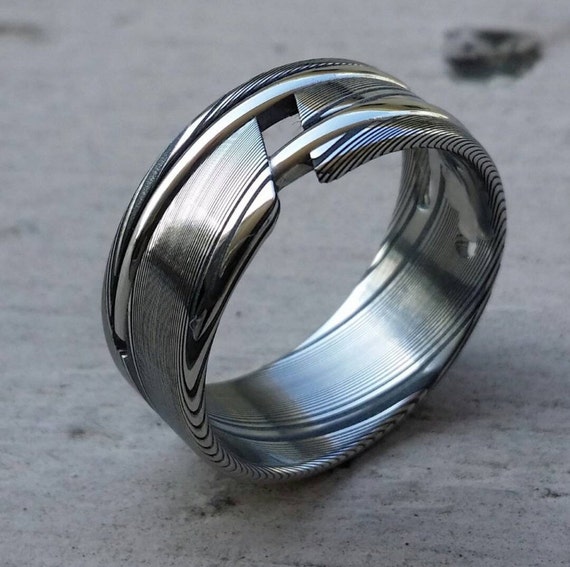 ONE -Damascus steel ring "WOODGRAIN" ring! Stainless Damasteel ring mens wedding bands woodgrain pattern damascus