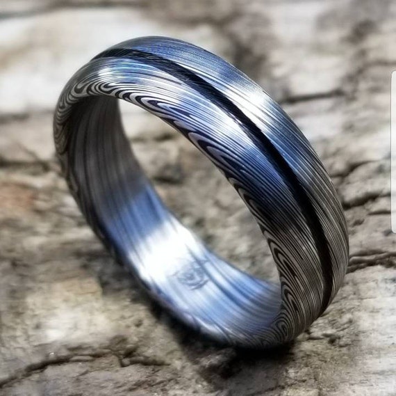 Damascus steel ring Stainless steel Damascus "LEAF" Customizable ring! Dark etch / single grooved damasteel weddingband mens rings