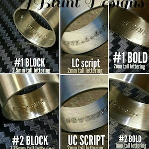 May include: Six different styles of metal ring bands with various lettering styles and sizes. The styles include #1 Block, #2 Block, LC script, UC Script, #1 Bold, and #2 Bold. The lettering heights are 2.5 mm, 1.75 mm, 2 mm, and 1 mm.