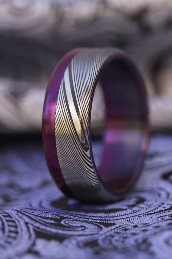 Purple Titanium &  Damascus steel - stainless damasteel damascus mens ring wedding band purple ring