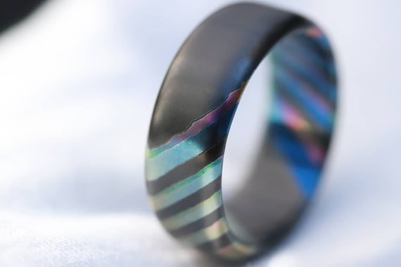 LIMITED EDITION***DARK Black ZrTi ring 8mm timascus ring, mokuti ring, colorful ring, darkti, Zirconium, black timascus green ring