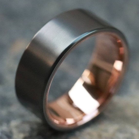 Zirconium and rose gold 14k or 18k rose ring 10mm mens wedding bands (customizable)