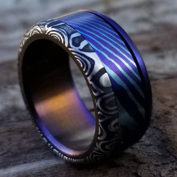 damascus ring *8mm Hawaiian Titanium lined  Timascus ring Mokuti & *Stainless Damascus* (damasteel) "wood-grain" pattern-double heat treated