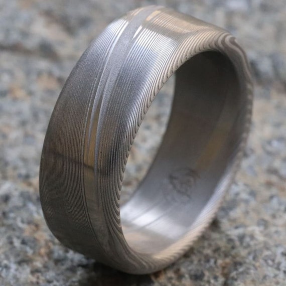 Damascus ring Stainless steel Damascus "WOODGRAIN" Med /light color etch genuine damascus steel ring mens rings 9mm