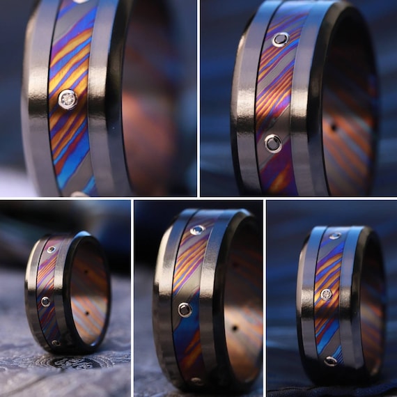 Black diamond ring for men, timascus wedding band, Titanium damascus ring