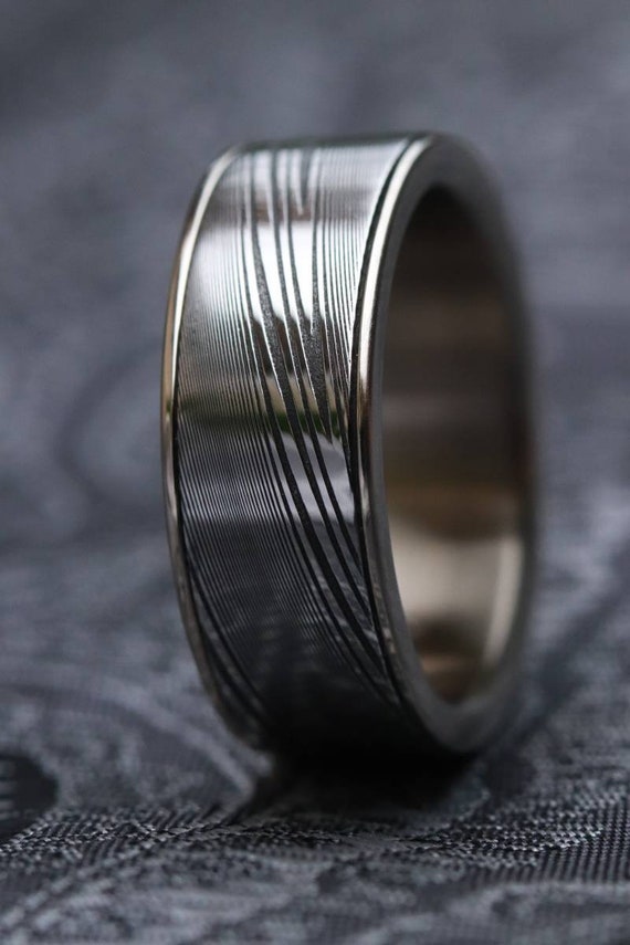 White Gold & Stainless Damascus damasteel 14k 18k customizable stainless damascus steel ring gold ring rosegold ring