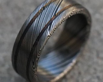Damascus steel ring - Stainless steel damasteel wedding band mens double grooved ring