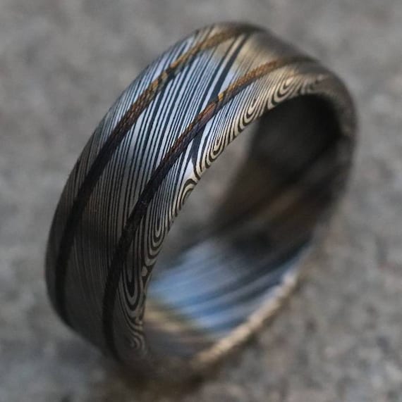 Damascus steel ring - Stainless steel damasteel wedding band mens double grooved ring