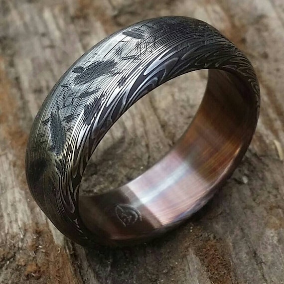 Weathered Damascus ring Stainless steel Damascus "black & blue PROVIDER" ring, genuine damascus ring, damascus steel ring, weathered ring