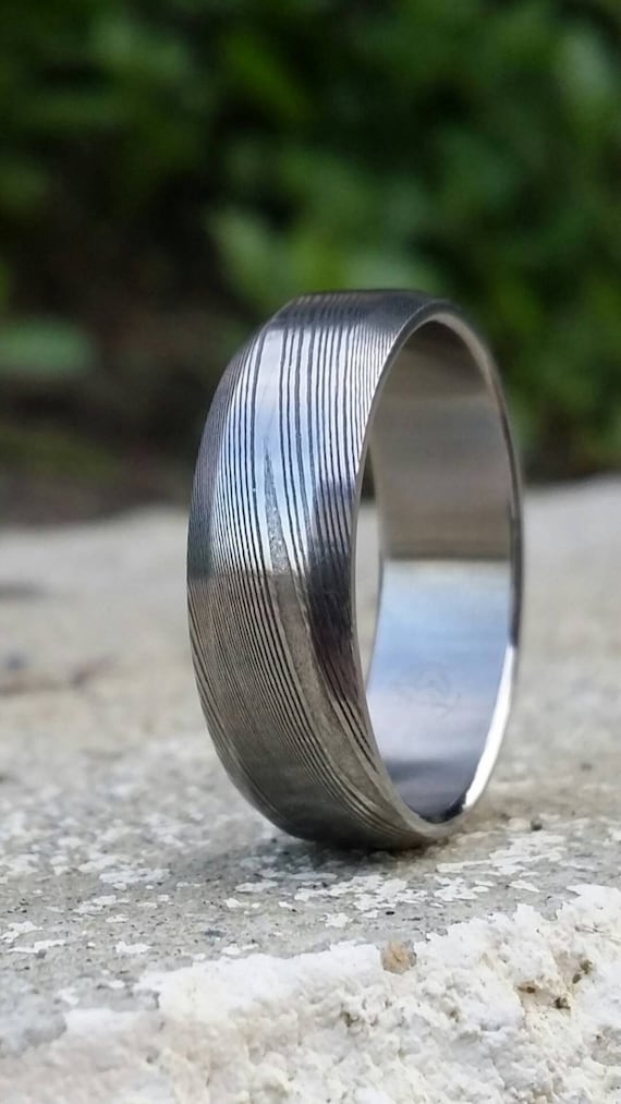 Chamfered mens ring. Square ring Stainless Damascus steel square cut "WOODGRAIN"!