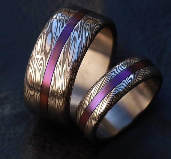 damascus steel rings purple titanium inlay genuine stainless damasteel ring his and hers rings set 2 rings customizable rings