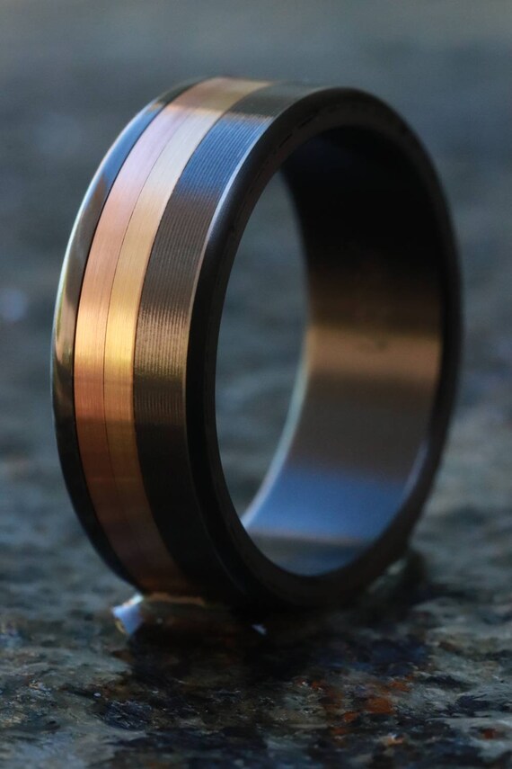 8mm wide Rose Yellow Gold damasteel stainless damascus Zirconium ring 14k or 18k customizable ring mens wedding bands Gold rings