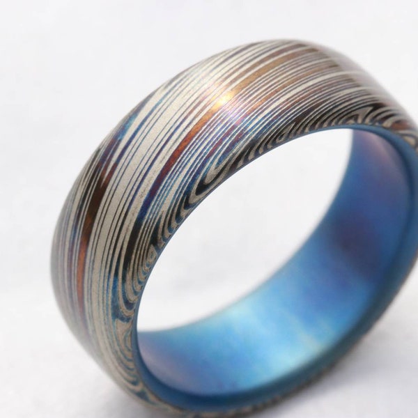 New *8mm Titanium lined  Damasteel Stainless Damascus "leaf" damascus steel ring,  damascus ring titanium ring, blue ring, mens rings