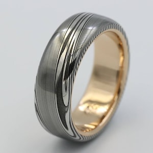 LIMITED EDITION 7.5mm Damascus ring 18k rose Gold & Stainless Damascus steel   &quot;dark super wood-grain&quot; ( customizable)