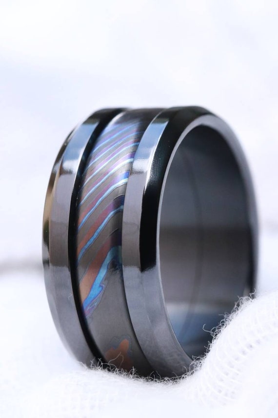 Grayson BLK" Limited Edition Series-10.25mm Black titanium Timascus / Mokuti timascus & zirconium ring,black timascus ring, mokuti ring