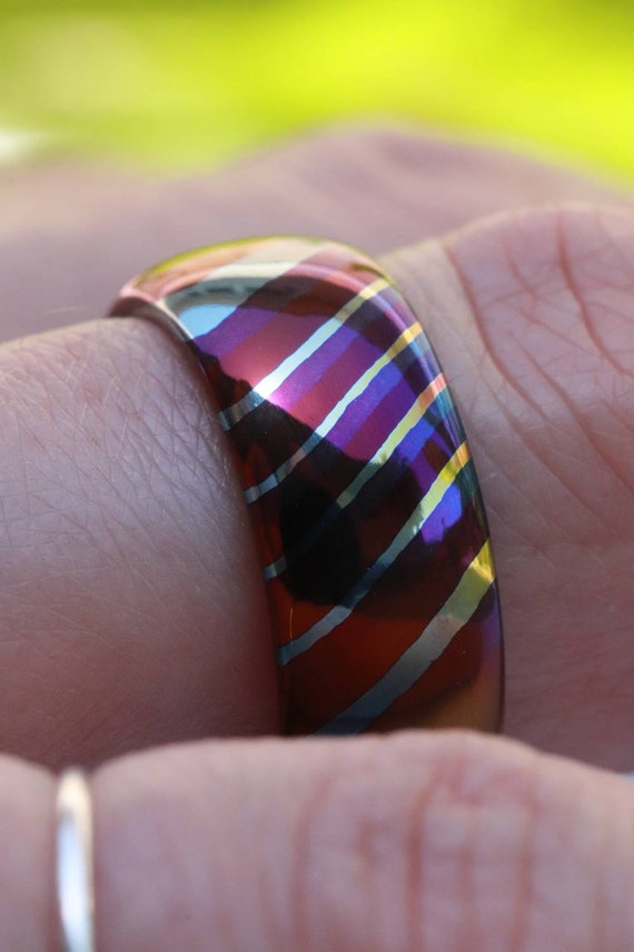 Solid Timascus ring 8mm ring  timascus ring, mokuti ring rolled ring colorful ring wedding band, orange ring, titanium damascus domed ring