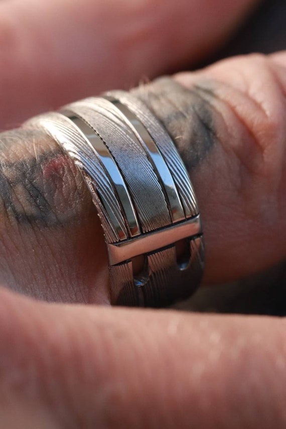 Stainless damasteel Damascus ring.  hypoallergenic "trestle"
