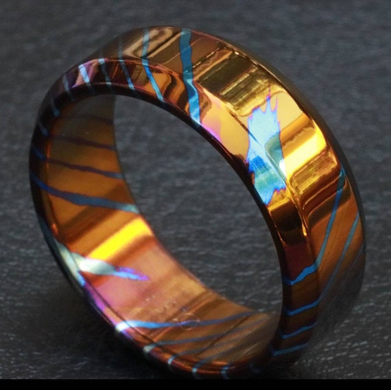 Solid Timascus ring 7-8mm ring  timascus ring, mokuti ring chamfered ring colorful ring wedding band