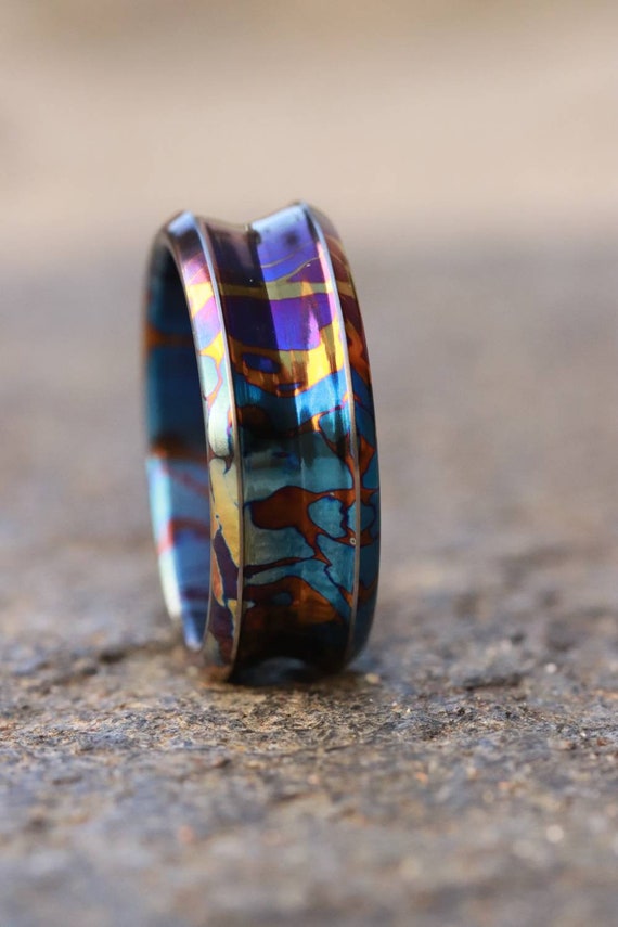 Dragons breathe timascus customizable 8mm ring chamfered edge Solid Titanium ring 5mm-8mm wide mens ring
