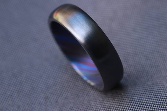 6mm domed black titanium ring Black / ZrTi brushed ziconium timascus ring,black timascus ring, mens rings weddingrings, zirconium damascus