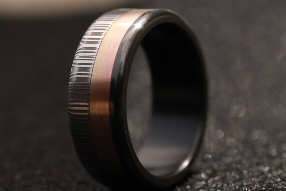 8mm wide Rose Yellow Gold damasteel stainless damascus Zirconium ring 14k or 18k customizable ring mens wedding bands Gold rings