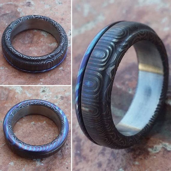 6mm Black Timascus / zrti & Stainless Damascus (damasteel)" bamboo" pattern timascus ring,black timascus ring, mokuti ring, damascus steel