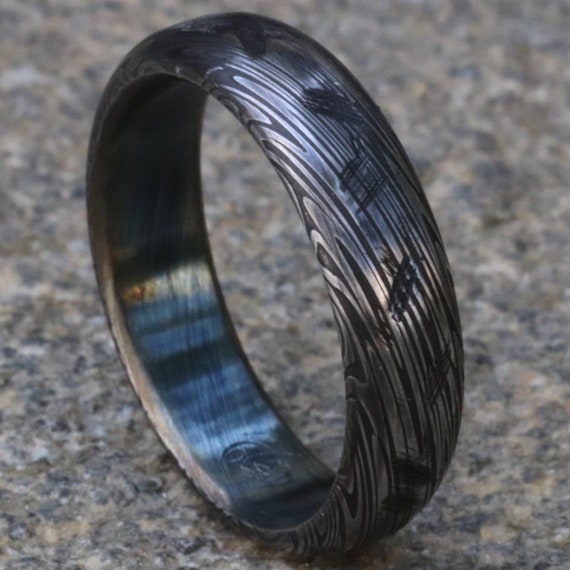 5mm Damascus ring Stainless steel Damascus "black & blue PROVIDER" ring, genuine damascus ring, damascus steel ring, weathered ring