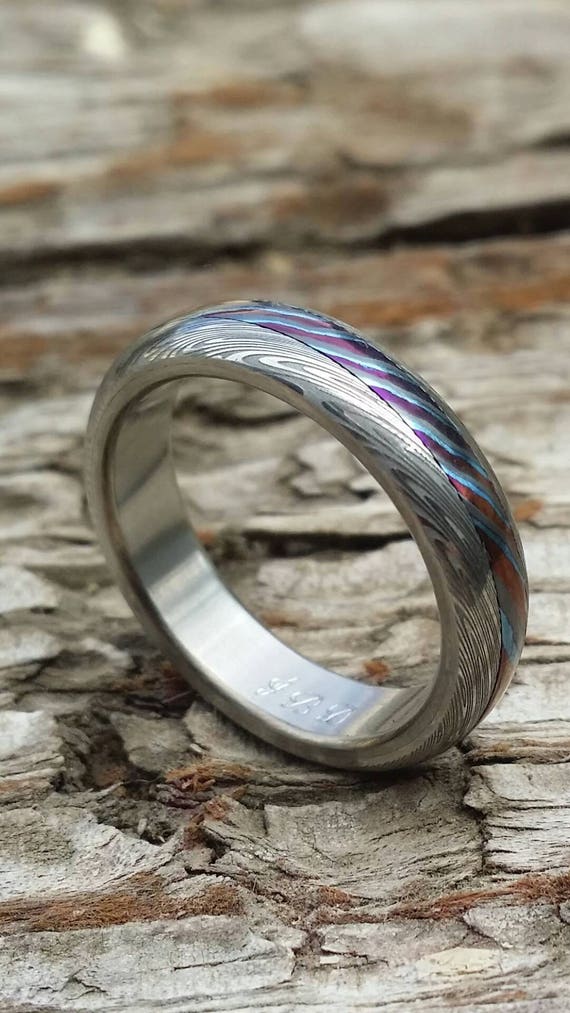 Damascus steel ring New*5.25mm "traditional" style Black Timascus Mokuti & Stainless Damascus , (damasteel) "leaf" pattern (titanium liner)