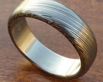 Damascus ring Stainless steel Damascus &quot;LEAF&quot; Customizable ring Light/ medium color etch. Damascus steel ring Damascus steel 8mm mens rings