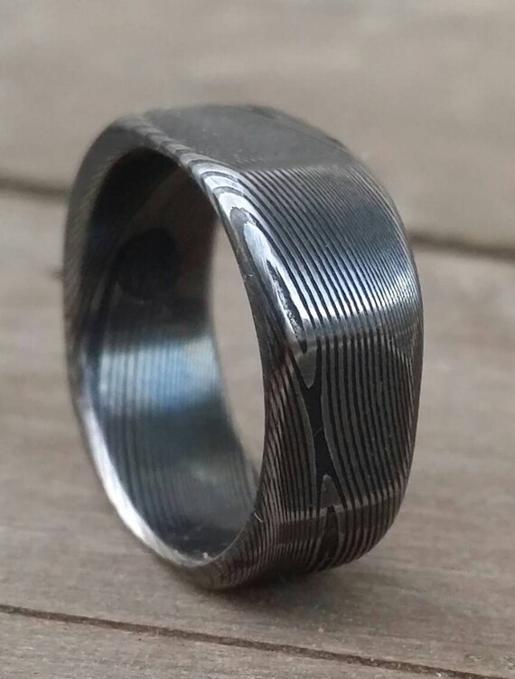 Square ring Soft-Square Stainless steel Damascus "WOODGRAIN" ring! Dark etch