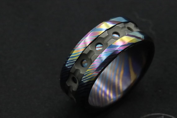 Grayson" Limited Edition Series-10mm Timascus / Mokuti timascus & zirconium ring,black timascus ring, mokuti ring