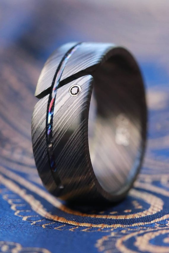 Black diamond ring, unique rings, mens wedding band, Timascus ring