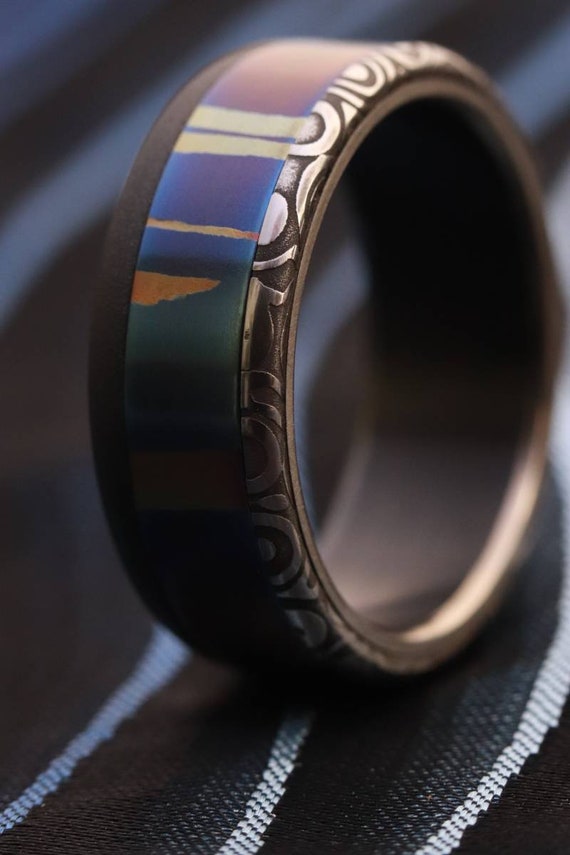 New*8mm Hawaiian Mokuti ring lined  Timascus ring Mokuti & Stainless Damascus steel ring damasteel "fenja" , timascus ring