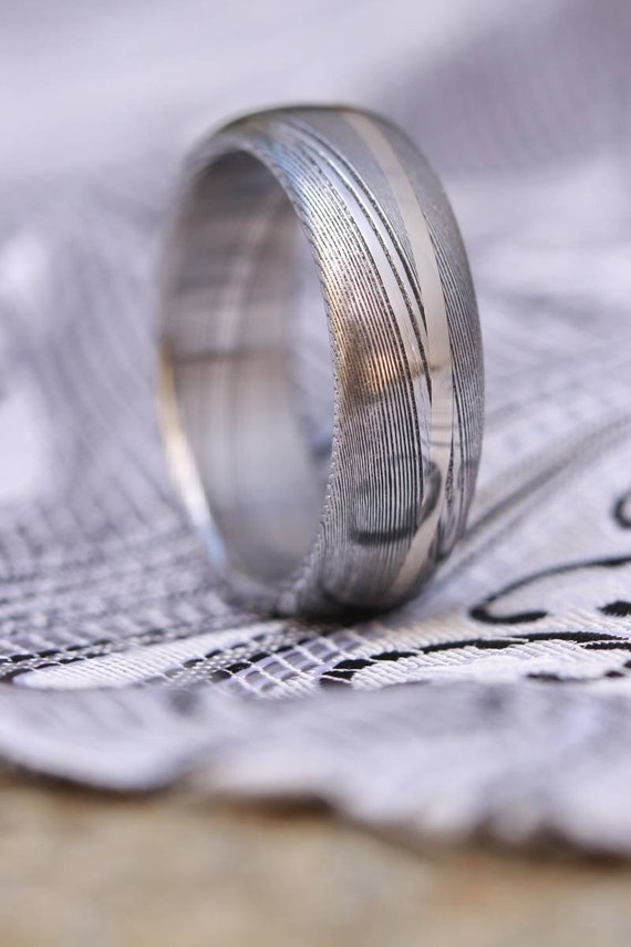 Damascus steel ring damasteel damascus with gold inlay