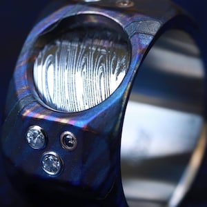 Timascus & Damasteel Ring: Diamond Inlay, Handmade Mens Ring