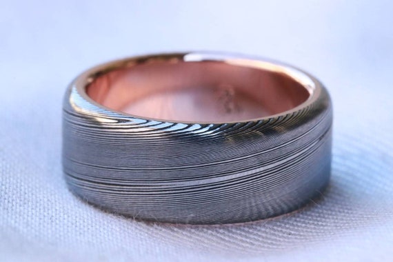 LIMITED EDITION 8mm Damascus ring 14k rose Gold & Stainless Damascus steel   "wood-grain" ( customizable)