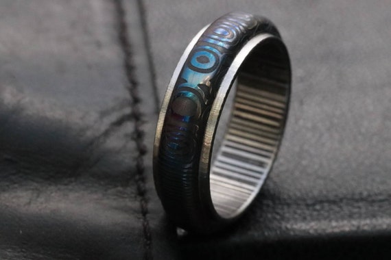 Stainless Damascus "traditional -black & blue twist"   Customizable ring! Mens wedding band damascus steel ring, mens rings