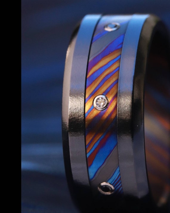 Black diamond ring for men, timascus wedding band, Titanium damascus ring