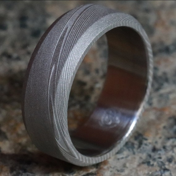 Damascus ring Stainless Damascus sandblasted square cut square ring"WOODGRAIN" Damascus steel ring chamfered ring mens wedding band 8mm ring