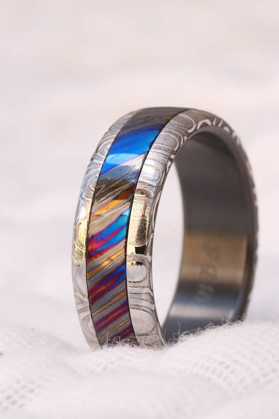 8mm Black Timascus / Mokuti & Stainless Damascus (damasteel)  timascus ring,black timascus ring, mokuti ring, zirconium ring, black ring