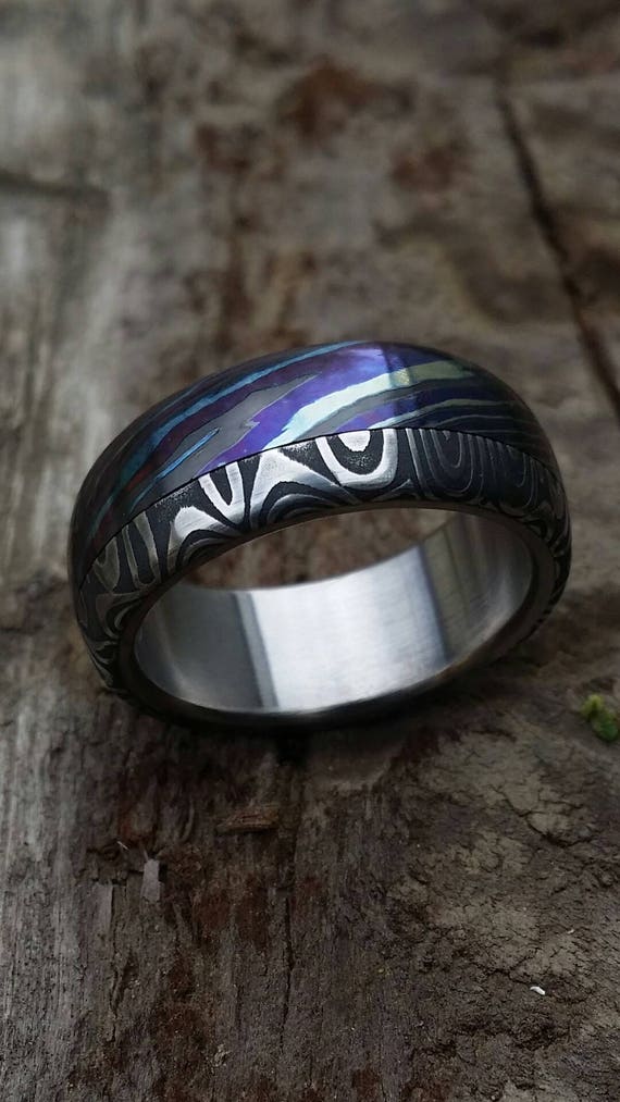 8mm damascus ring Black / ZrT Mokuti  Stainless Damascus (damasteel) damascus"bamboo" pattern timascus ring,black timascus ring, mokuti ring