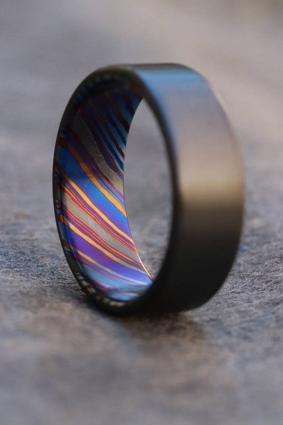 8mm zirconium ring Black / ZrTi brushed ziconium timascus ring,black timascus ring, mens rings weddingrings, zirconium damascus