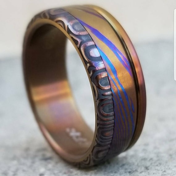 New*8mm Hawaiian Titanium ring lined  Timascus ring Mokuti & Stainless Damascus steel ring damasteel "bamboo" , timascus ring