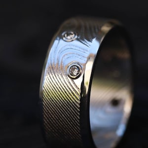 damasteel ring 8mm wide / 4 diamonds 14k gold customizable mens ring wave pattern