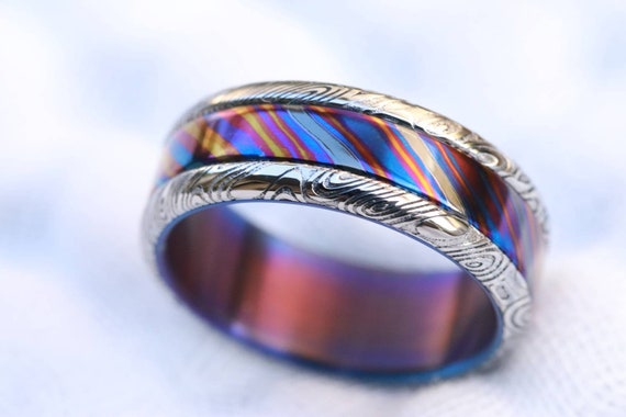 Very Limited- 8mm Black Timascus ring Mokuti & Stainless Damascus (damasteel) black timascus ring, mokuti ring, black ring wedding ring